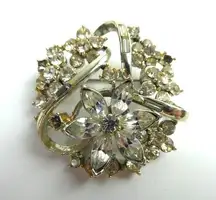 Coro Silver Tone Sparkly Rhinestone Flower Floral Cluster Brooch Pin Vintage