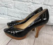 Pawla open toe shiny black & tan high heels women sz 8