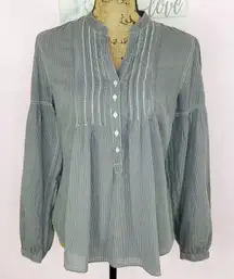 Converse One Star Striped Puntuck Pleat Henley Blouse Gray Medium Long Sleeve