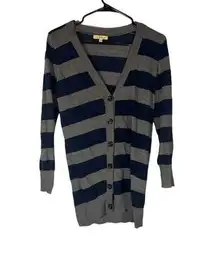 Cecico Gray & Navy Blue Striped Long Sleeve Button Front Knit Sweater Women Sz S