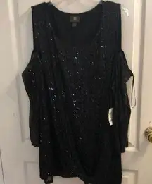 NWT JM Collection Black Sequin Cold Shoulder Top