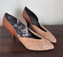 Vintage Fredrico Amanda Leather Brown & Turquoise D'Orsay Kitten Heels