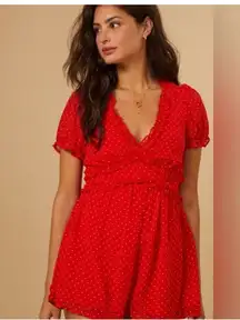 Altar'd State Bowie Romper Women's Sz Medium Red Polka Dot Ruffle