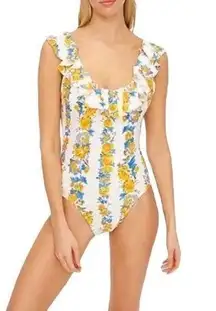 J. Crew Ruffle Scoop-Back Blossom Stripe White/Yellow Floral One-Piece Swimsuit