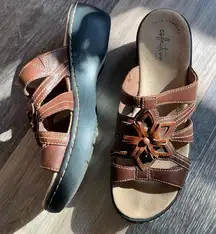 Y2K 90s Star Cutout Brown Leather Wedge Heel Sandals 8.5 Boho European Mamma Mia