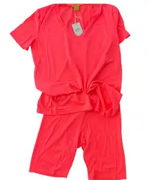DAISY Soft Short Sleeve Top & Bike Short Set Neon Coral Pink Sz M Lounge NEW