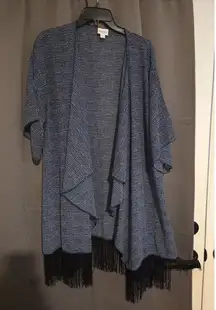 LuLaRoe Sheer Navy Polka Dot Kimono Coverup, Fringe Shawl, Stretch Wrap Cover Up