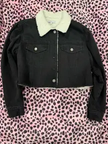 Black Denim Sherpa Lined Cropped Jacket 