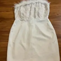 White Strapless Sequin Dress with Feather Trim