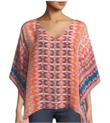TOLANI Briyana Silk Tunic Blouse  Multi Print Flare Sleeve Boho Size M