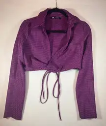 ZARA Purple Black Houndstooth Cropped Tie Front Long Sleeve Top S