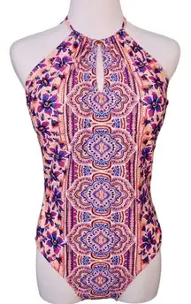Tahiti Peach Medallion Floral Halter Padded 1Pc Swimsuit‎ MEDIUM (8-10) Colorful