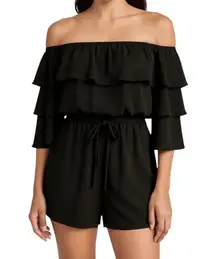 Honey Belle Off The Shoulder Ruffle Tiered Bell Sleeve Romper Black Size Small
