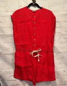 Red Button-Up Romper Tie Waist Free People FP Intimately Womens Jumpsuit Linen