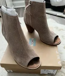 Tan Perforated Suede Open Toe Booties