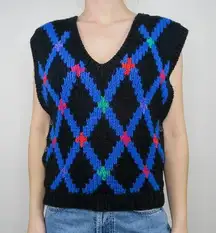 Vintage 70s Black Colorful Geometric Knit Sweater Vest