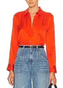 AQUA Satin Shirt Tangerine Tango Size Extra Small Front Pocket Long Sleeve NWT