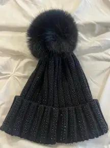 Adrienne Landau Black Knit Hat with Pom Pom