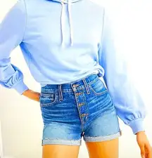 Madewell High Rise Denim button front raw hem shorts, size 27” boho blue fall