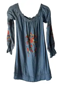 Socialite Denim Blue Embroidered Off The Shoulder Dress Size S Boho Western