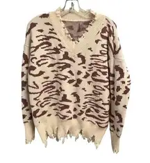 E Pretty Distressed Animal Print Soft Sweater Size Large EUC V Neck Stretchy