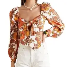 DODO BAR OR Biby Cropped Tie-Front Floral Print Puff Sleeve Cropped Top Size L