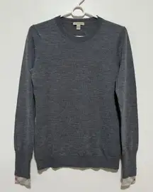 Burberry Gray Extra Fine Merino Wool Crewneck Classic Sweater Nova check Cuff