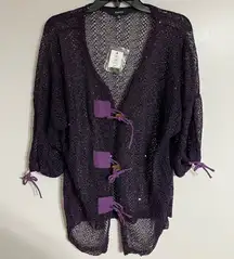 Kaktus Women's Size 2XL Purple Open-Weave Button Cover‎ Up 3/4 Sleeves Boho-Chic