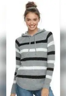 Cloud Chaser Gray, Black, & White Striped Knit Hoodie (M)