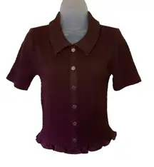 Loft Brown Ruched  Top  Ruffle Hem Short Sleeve Collar Womens Small neutral