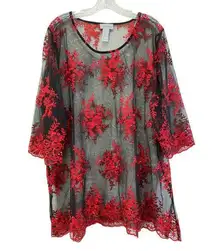 Catherines Sheer Mesh Embroidered Sequins Top Sz 1X Red Black Witchy Renaissance