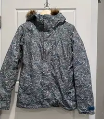 Burton Blue Paisley Julie Dry Ride Ski Jacket Faux Fur Hood Medium Snow Winter