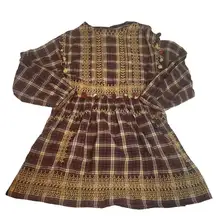 ZARA Red Gold Pom Pom Longsleeve Peephole Plaid Dress Fall Extra Small XS‎
