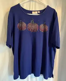 Quacker Factory Knit Top Size 2X Blue Rhinestones Pumpkins Fall Cotton Blend‎