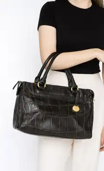 Authentic Brahmin Black Croc-Embossed Leather Satchel