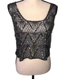 Topshop  Size 10 Top Gunmetal Sequins Beaded Sparkle Mesh Cropped Tank Disco