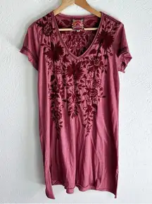 Johnny Was Simona V-Neck Embroidered Draped Tunic Dress Red Size Medium