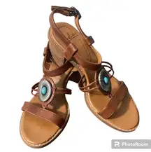 Leather Brown And Turquoise  Embellished Block Heel Sandals Size 7 1/2