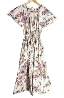 Adam Lippes White Garden Floral Print Shirred Short Sleeve Midi Dress Size 8
