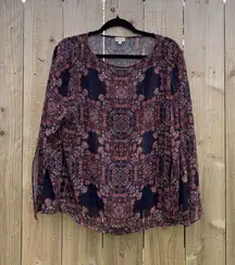 Cremieux Boho Sheer Geometric floral Bell Sleeve Top Blouse Size‎  small blue