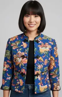 ZARA Floral Brocade Oriental Crop Mandarin Collar Frog Closures Jacket Size XS