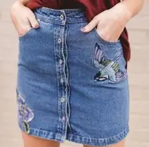 Honey Punch Embroidered Floral Birds Button Front Boho Denim Skirt Blue Small