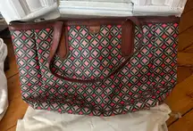 Fossil Sydney Tote Geometric print/leather trim. Green, pink,red and dust bag