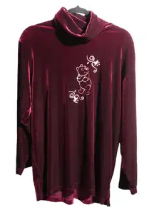 VTG Disney Catalog Pooh Embroidered Red Velvet Turtleneck Blouse Women M Holiday