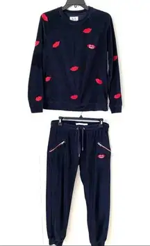 Zoe Karssen Kiss Kiss Bang Bang Navy Blue Velour Jogger Tracksuit Sweatsuit XS S