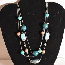 Chic Delicate Turquoise/Teal/Peach Beaded Silver Plated 3 Layer Necklace