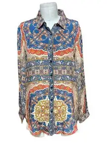 Tolani Silk Button Down Paisley Mandala Geometric Print Top Size Small