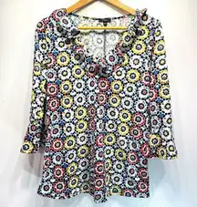 Cupio Multicolor Starburst Retro Slim Fit 3/4 Sleeve Ruffle Top Size Medium