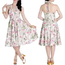 Hell Bunny L Cream Bamboo Floral Print Rockabilly Pinup Swing Vintage Dress