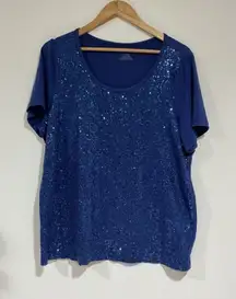 Woman’s Dkny 18-20 Short Sleeve Scoop Neck Blue With Sequins T Shirt